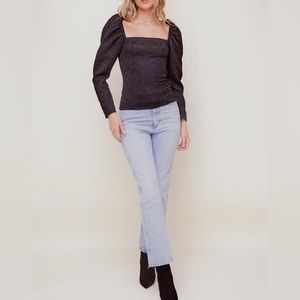 (B29) ASTR the Label Remi Puff Sleeve Black Floral Sparkle Top, Size M, NWT